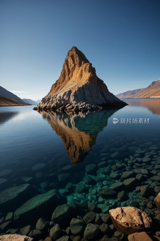 水中一块大岩石一座高山清图片