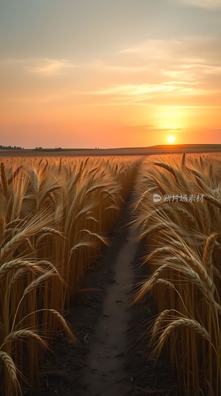 金色麦田日落时分的小径