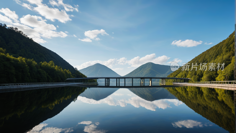 河上的一座桥背景是山脉风景风光高清图片