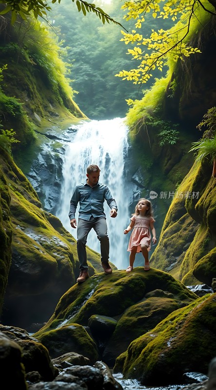 父子共赏瀑布美景
