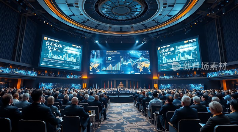 金融会议现场观众席座无虚席大屏幕展示数据图表