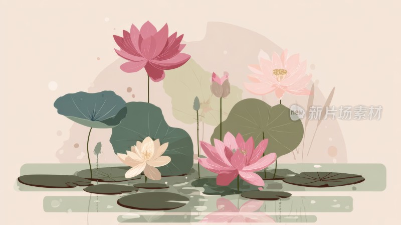 夏日池塘荷花插画