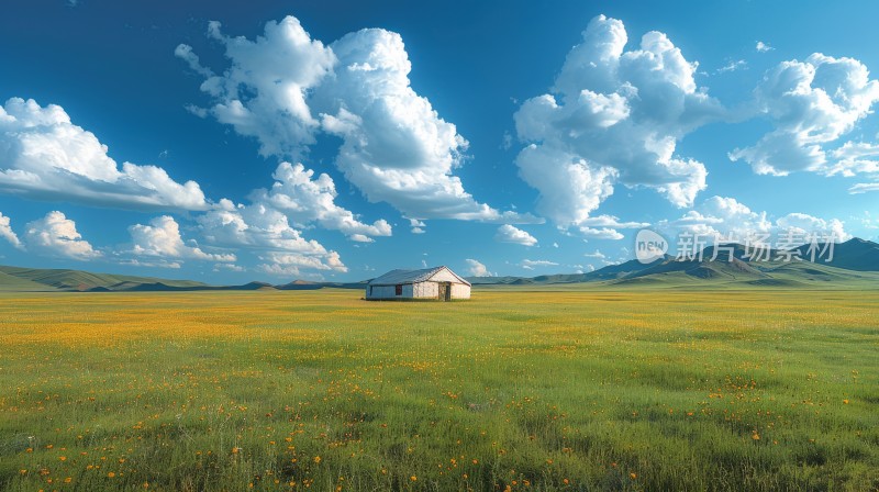 蓝天白云绿色草原蒙古包