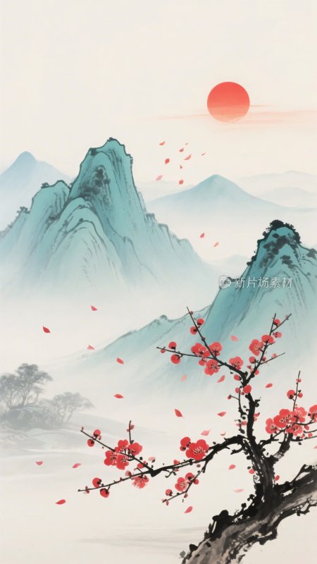 中式山水红梅日出图