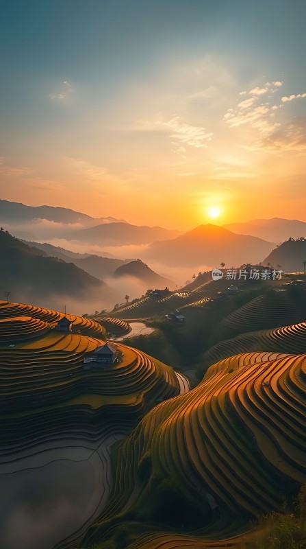 梯田晨曦阳光洒满大地