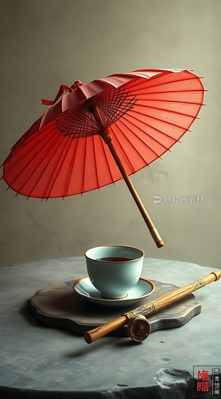 红色油纸伞下的茶道艺术