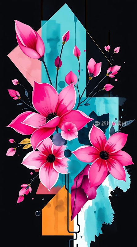 粉蓝花朵抽象艺术