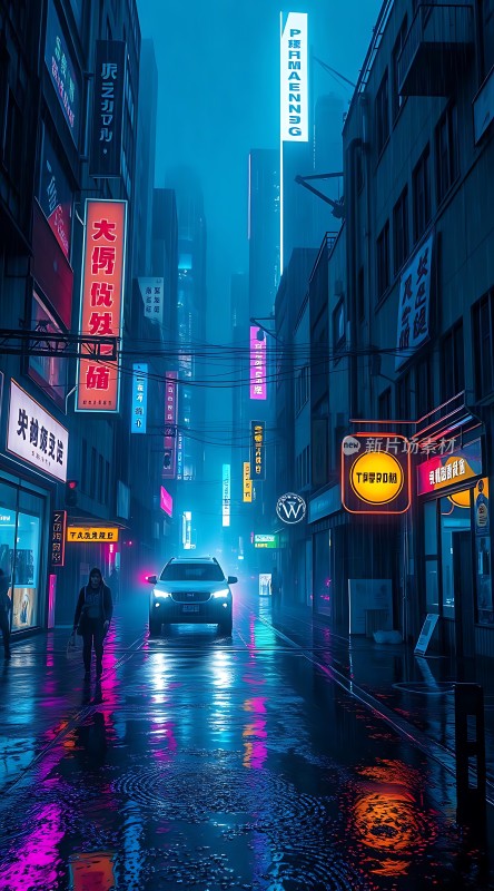 霓虹灯下的雨夜街头