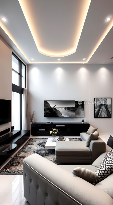 现代简约客厅设计灰色沙发、黑白装饰画和地毯