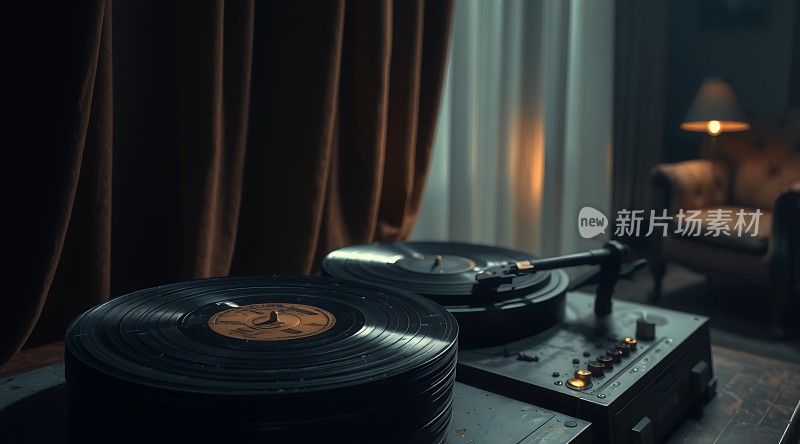 复古唱片机与黑胶唱片的夜晚时光