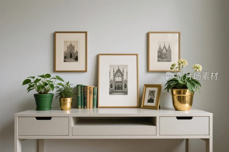 摆有绿植与挂画的简约书桌