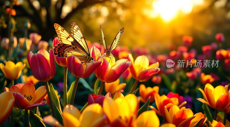 阳光下的蝴蝶与郁金香