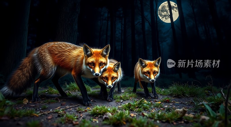 三只狐狸在夜晚的森林中行走