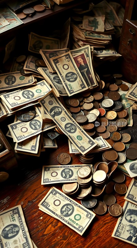 金钱堆满桌面美元和硬币散落一地