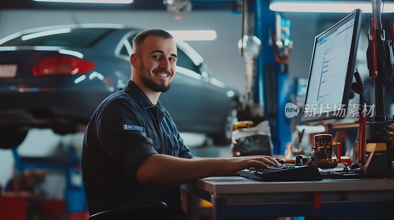 汽车维修工人在电脑前工作