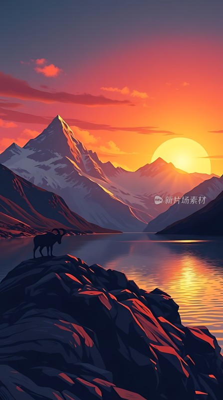 日落下的雪山与湖泊