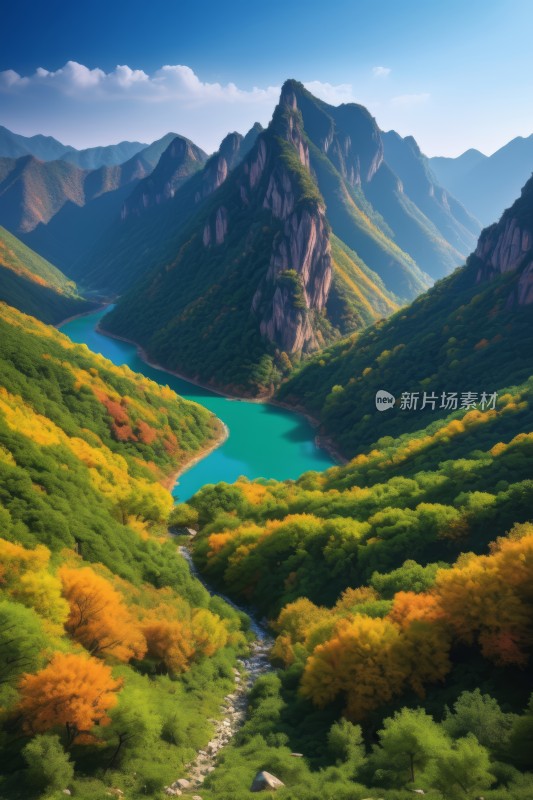 山中间一条河背景一座山高清风景图片