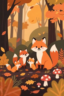 秋日森林狐狸家庭