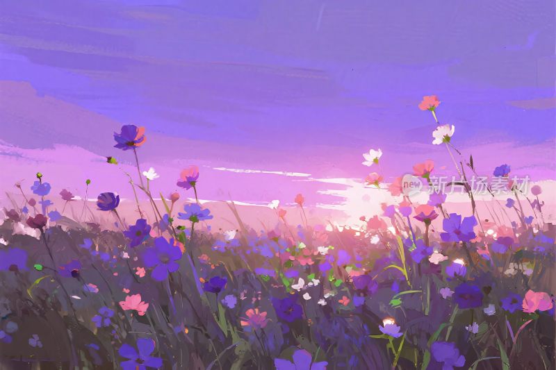 夕阳野花田野插画