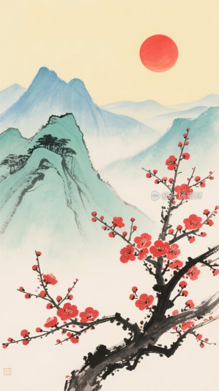 红梅映山景红日悬天际