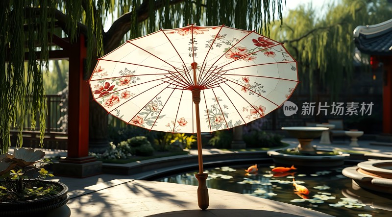 古风油纸伞下的静谧庭院