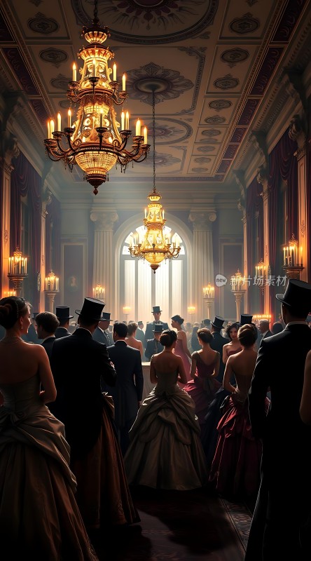 舞会上的华丽灯光与优雅人群