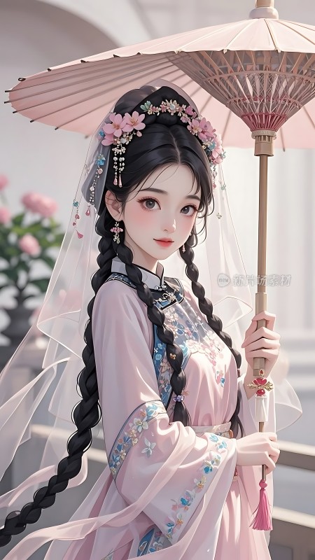 汉服佳人撑油纸伞