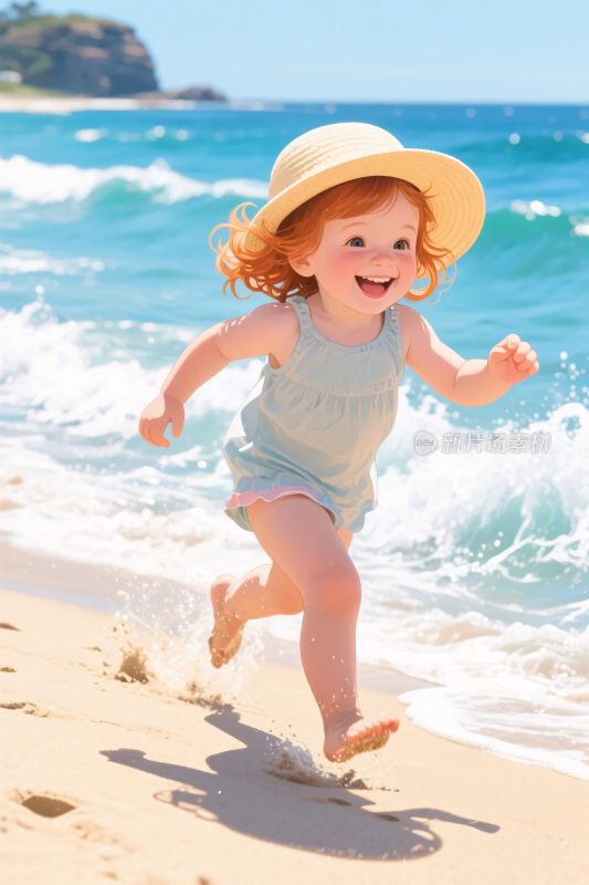 沙滩上奔跑的小孩
