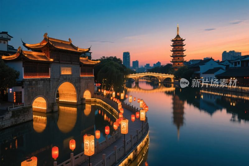 古城夜景古塔河流图