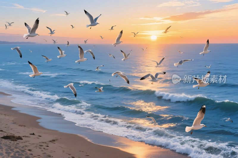 海边夕阳下飞翔的海鸥