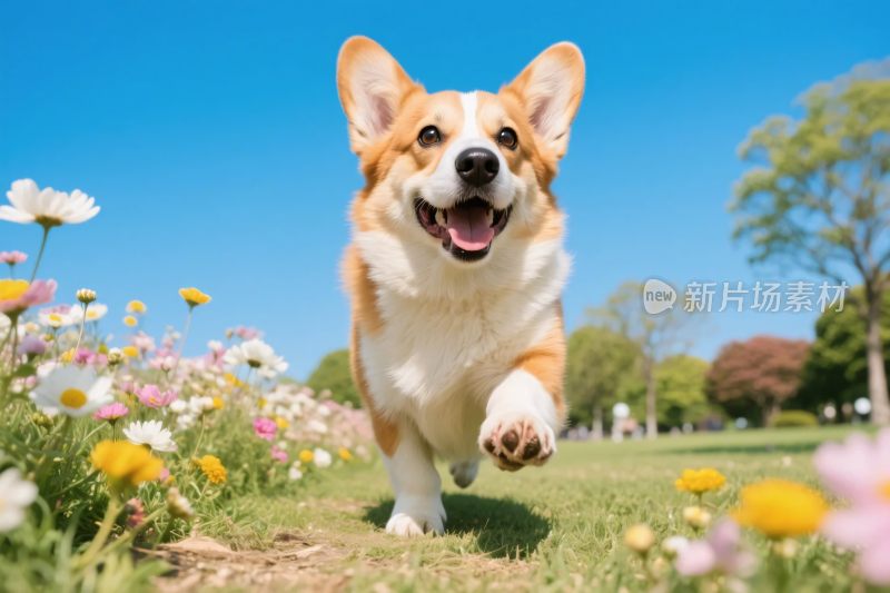 柯基犬户外欢快奔跑