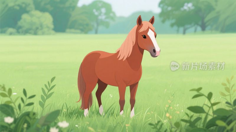 卡通小马草地插画