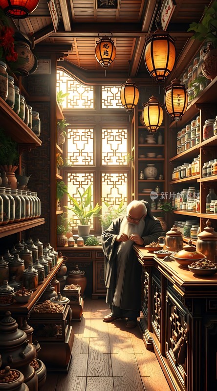 古风中药铺里的老人