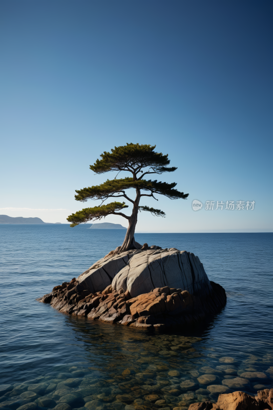 海洋中央岩石上的树高清风景图片