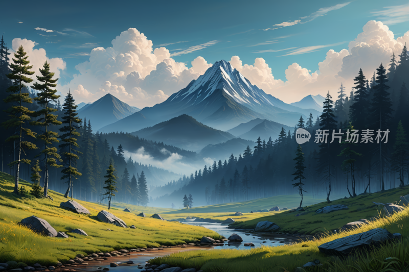 山景溪流从中流过高清风景插画图片