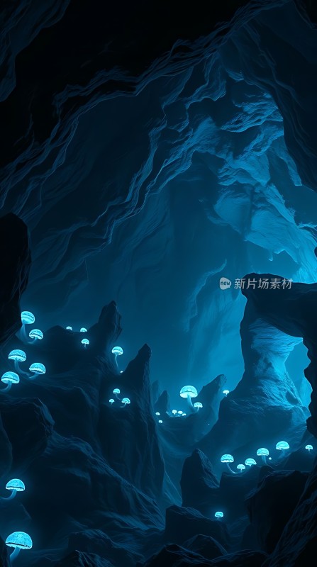 神秘洞穴中的荧光蘑菇