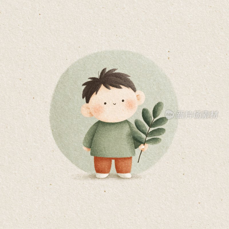 手持枝叶的卡通小男孩