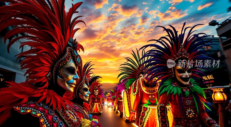 狂欢节上的华丽面具与羽毛装饰