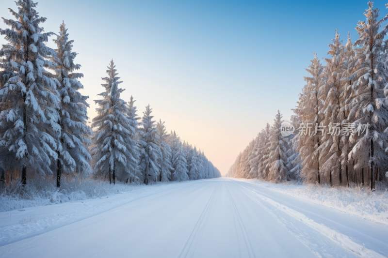 雪路两边都是树木和雪高清风景图片