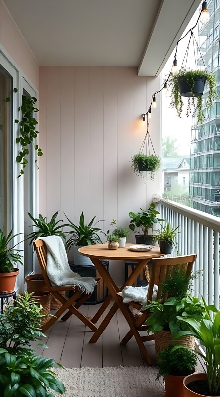 阳台绿意盎然木桌椅温馨舒适