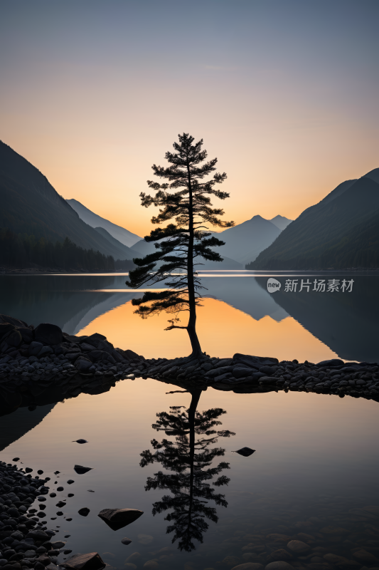 在湖前岩石上的树高清风景图片