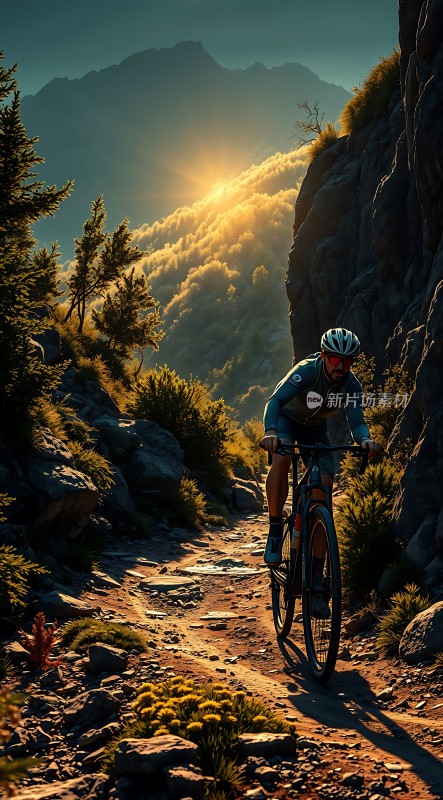 骑行者穿越山间小径阳光洒落风景如画