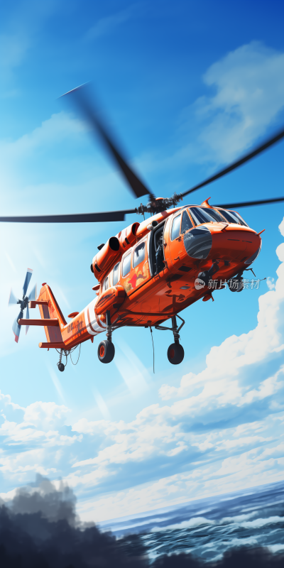 橙色直升机飞越海洋救援行动