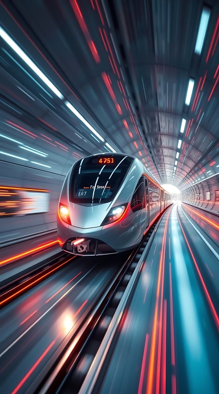 高速列车穿行隧道未来科技感十足