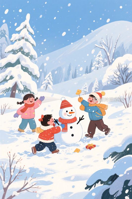 孩子们雪地堆雪人玩耍场景