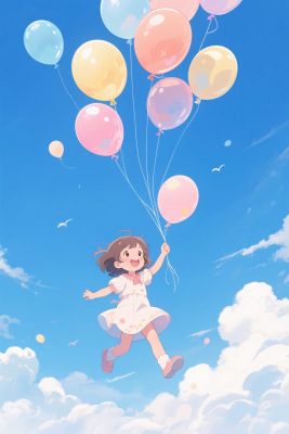 女孩放飞彩色气球插画