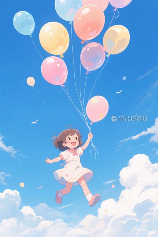 女孩放飞彩色气球插画
