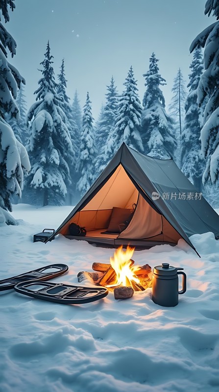 雪地露营篝火帐篷