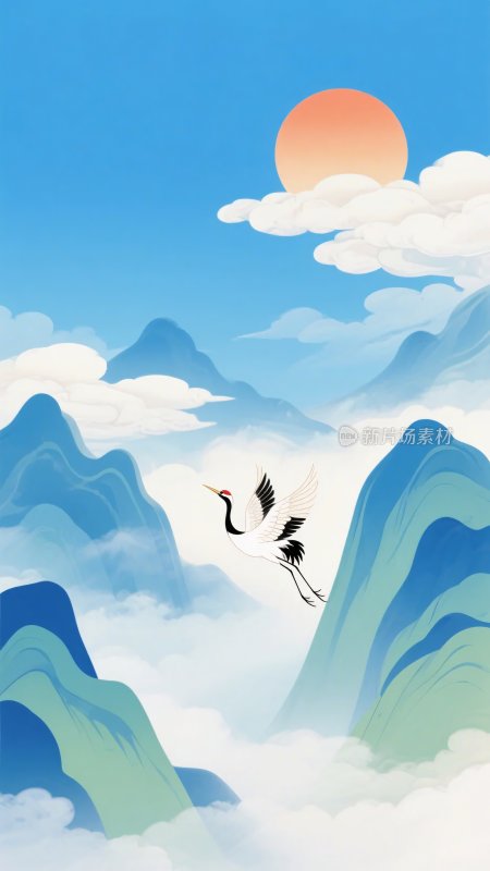 山水间双鹤伴日飞翔图景