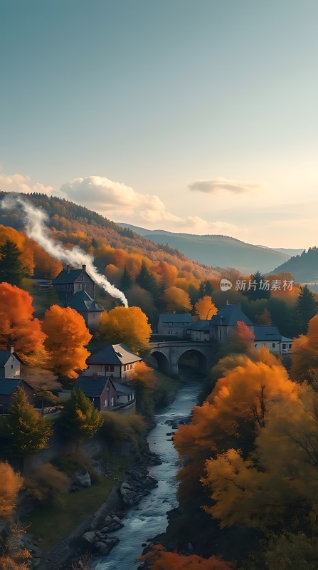 秋日暖阳下的宁静小镇